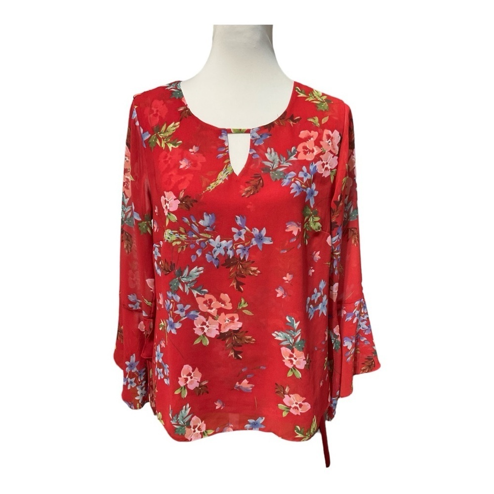 Cabi 3590 Devoted Blouse Red Floral Bell Sleeve Size S - Picture 2 of 9